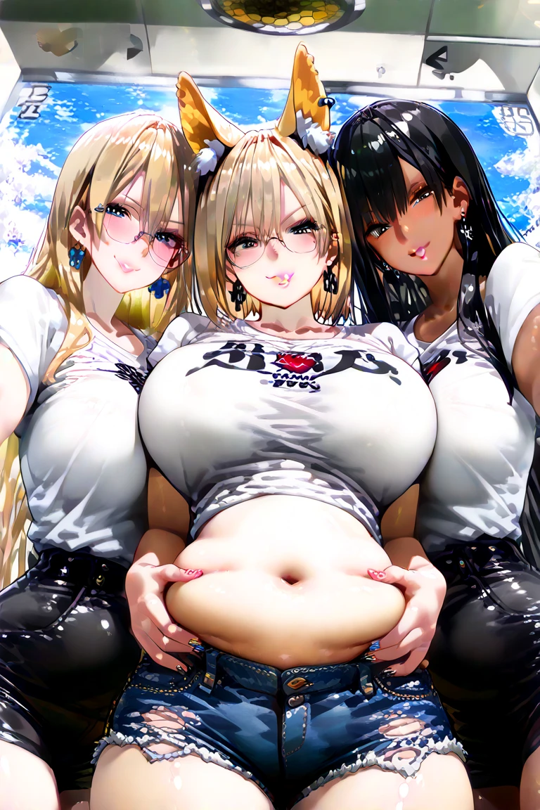 ((adult woman with 2 naked women walking)),(long black hair, smile)),((hairy pussy, very large pussy piercing, chest piercing, big breasts, hugged with a kiss,((younger girl , with very long yellow hair, very small breasts, in the car, mini skirt without panties, open shirt))), at the door of the house,