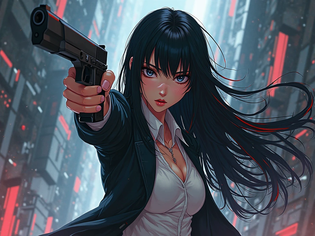 Holding a Handgun 1:5、Holding a handgun in both hands、hand gun 1:3、assassin、long black hair woman、black jacket、black tight skirt、slim body shape、City of night
