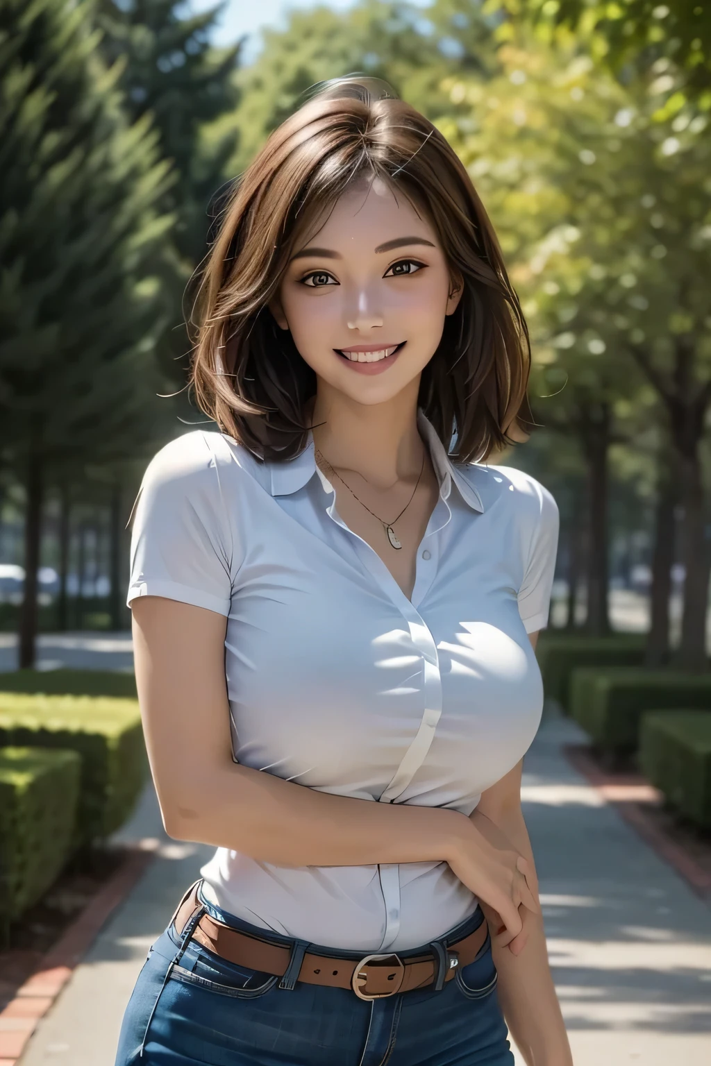 (masterpiece, Top Quality, high resolution, surreal, perfect pixels, 4K), 1girl, solo, beautiful face, mature, brown eyes, eyelashes, realistic eyes, grin, (Smooth Texture: 0.75, realistic texture: 0.65, realistic:1.1), middle Breasts, dynamic angle, perfect body, necklace, (blue collared shirt, tight miniskirt), standing, Excellent, (cowboy shot), evening, (background: Forest Park )