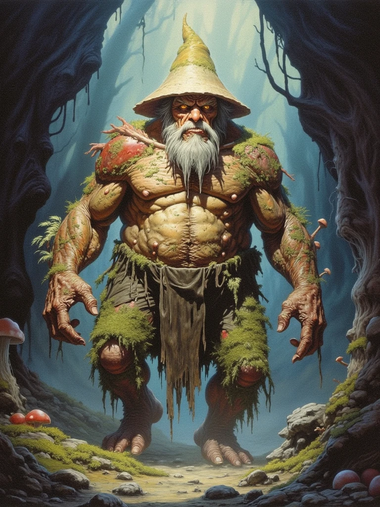 This image has to be in anime, a man with a mushroom hat, his skin is made of wood. He is very tall and wearing a shirt made of leaves, his arms are covered in moss with small mushrooms growing out of them. His eyes are amber yellow, he is wearing sheep wool pants, he has a belt with magic potions tied to it, he is holding a giant center, vines and flowers are growing on it and on top of it there is a large amber stone with a small dinosaur inside. His mushroom hat has white dots but right in the center a skull drawn on it. He is in a beautiful swamp during a rainstorm.