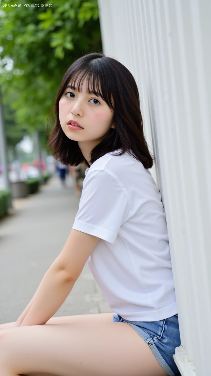 A thin Japanese woman in her 20s,Cute Face, Detailed face, Fine grain, Neat, Short sleeve white shirt, Walking along the river, early summer, Fine weather, sunny, In town, Portraiture