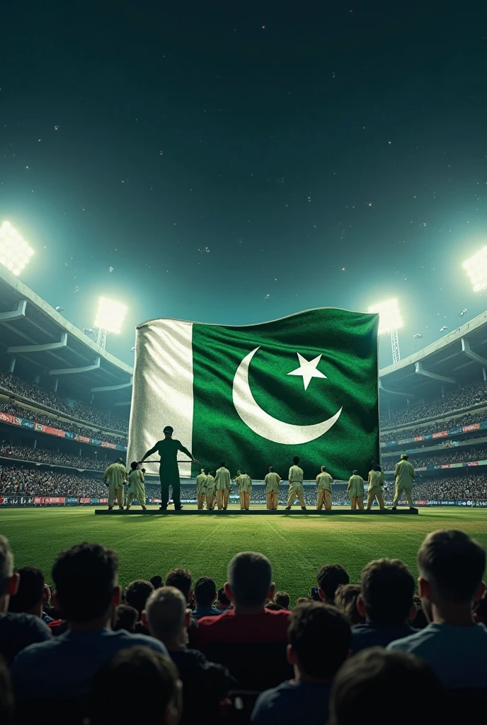 American people giving applause to Pakistan football team in a stadium, holding American and Pakistani flags together.
