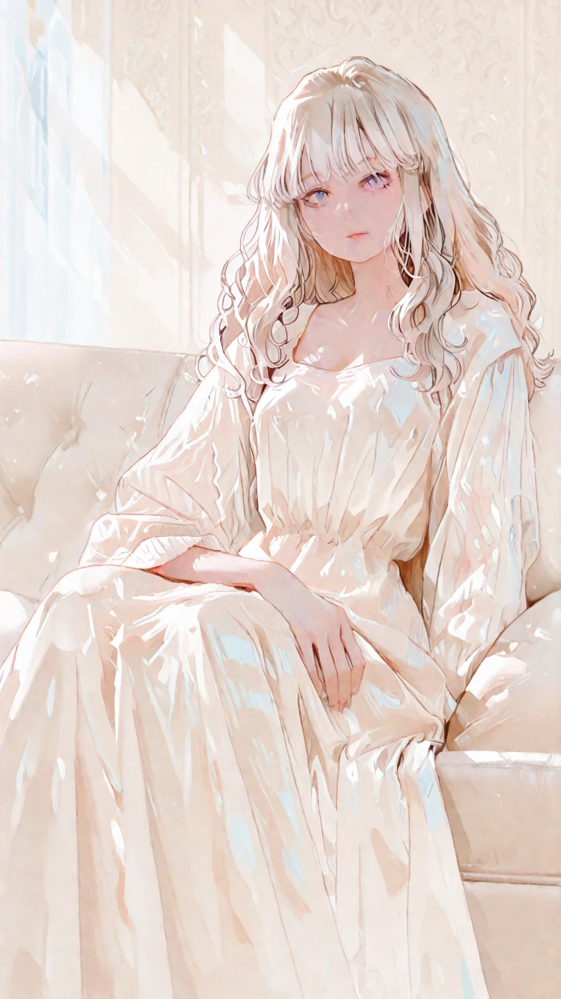 Lie down，Hands over chest，long whitr hair，look up to