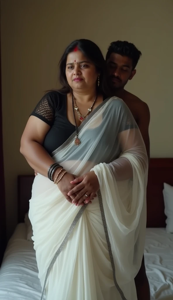 a 50-year-old shirtless man affectionately hugging and kissing aradiant, full-figured South Indian plus-sized 30 year old teacher wearing a cream silky saree in dressing room, ( cum Splash on her face and lips, cum Splash on her face, cum Splash) captured in a full-body image with vibrant hues and meticulous details. Full body image