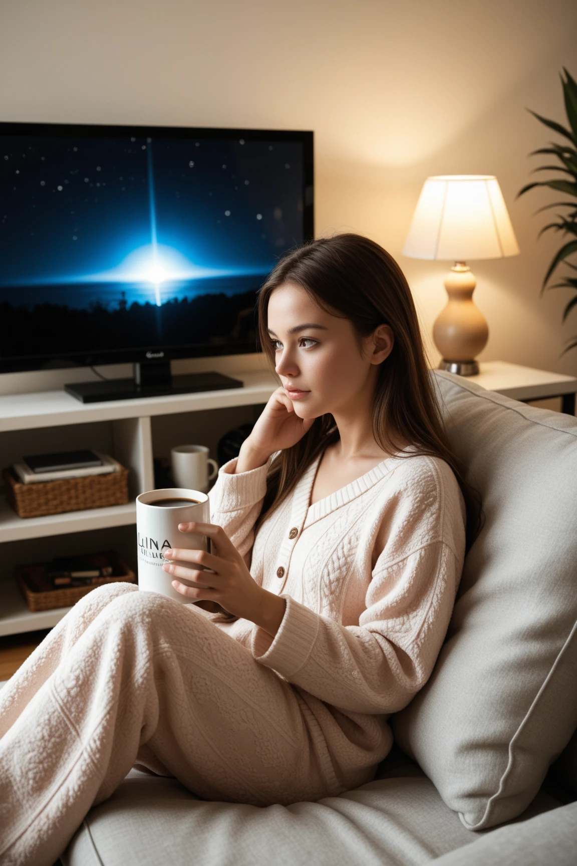 A girl listening to music at night in her bedroom in a forested cabin. The headset is glowing and it is raining outside. There is a fireplace in the bedroom and the light from the fireplace shines softly. 4k, realistic, photography, photo, 4K, cinematic, high resolution, high quality --
