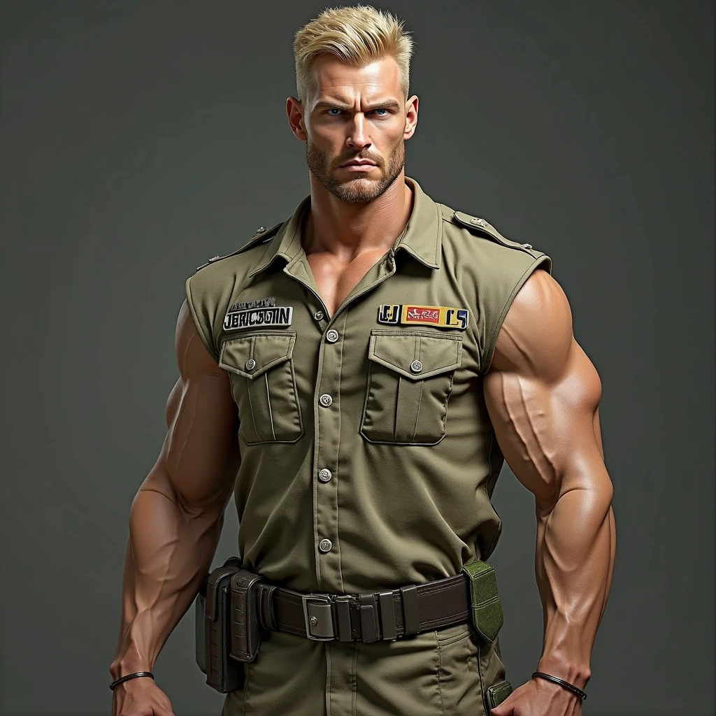 llustration in Leyendecker style ; without a weapon , a navy seal , blonde , 27 years old, , stands on both knees , a frightened look . there are drops of blood on his face . His face , lips , hair and body armor are thickly splattered with white viscous sperm . Cum trickles out of his mouth in a thin stream