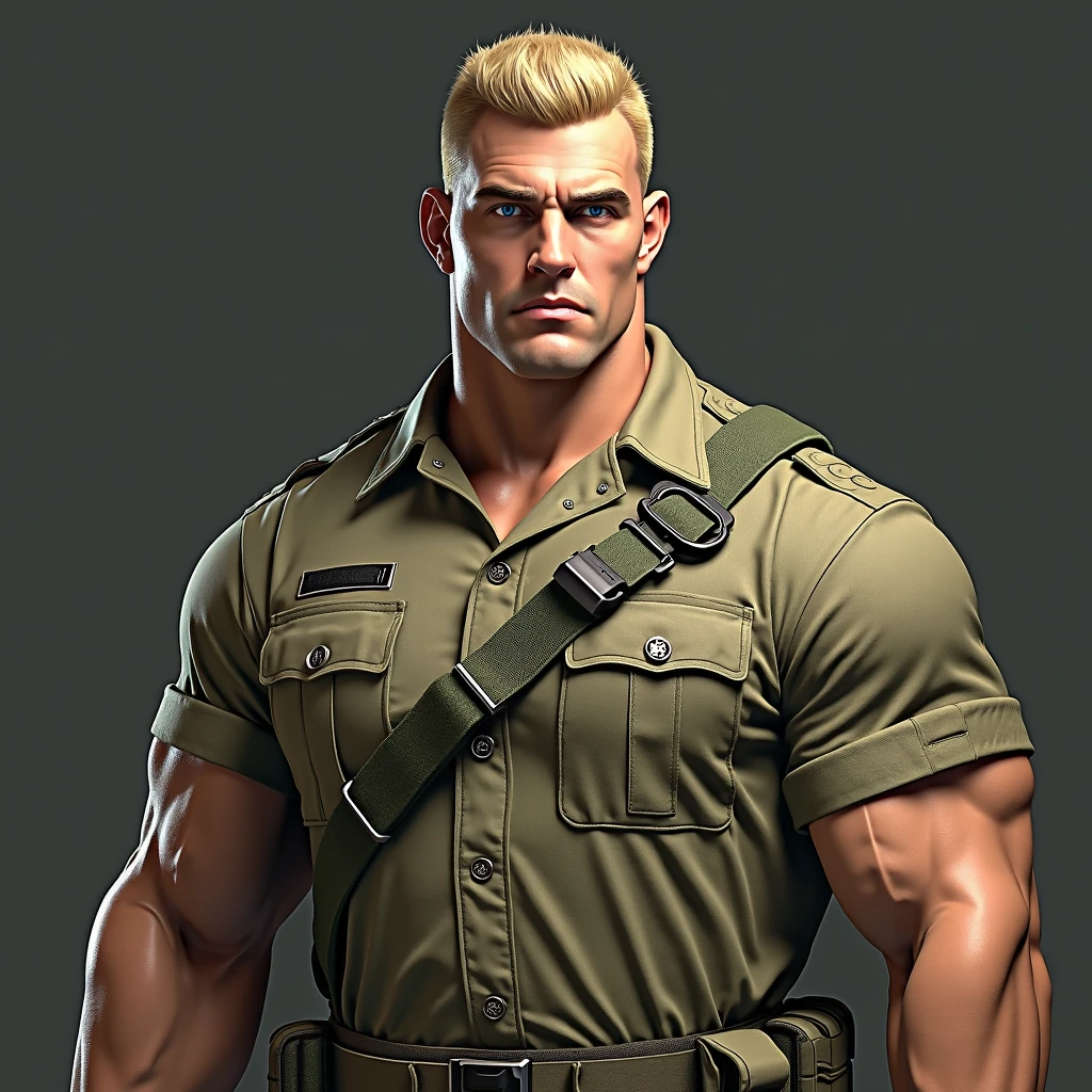 Leyendecker style illustration : Muscular and pumped-up 25-year-old British sergeant blond SAS in green army shorts