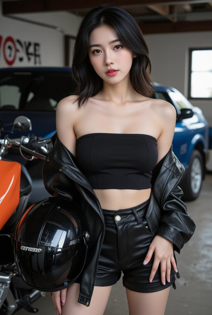 (top-quality、超A high resolution、in 8K、masterpiece、realisitic、Photorealsitic)、Pretty Japan woman、1 persons、Break HA、Three-quarters、Brown hair、Longhaire、Loot Pose、(Colossal tits:1.5、gargantuan butt:1.5)、(The upper part of the body:1.4)、close-up、detailed hairs、hyperdetailed face、Detailed skin、Detailed lips、Break HA、Black sunglasses、broad shoulders、Black leather jacket、(Beige muffler:1.2)、Long Leather Belt、leggy、denim、(Black High Heels:1.3)、BREAK、(Driving a Harley-Davidson:1.2)、Southland、the beach、Palm trees、evening glow、Natural lighting
