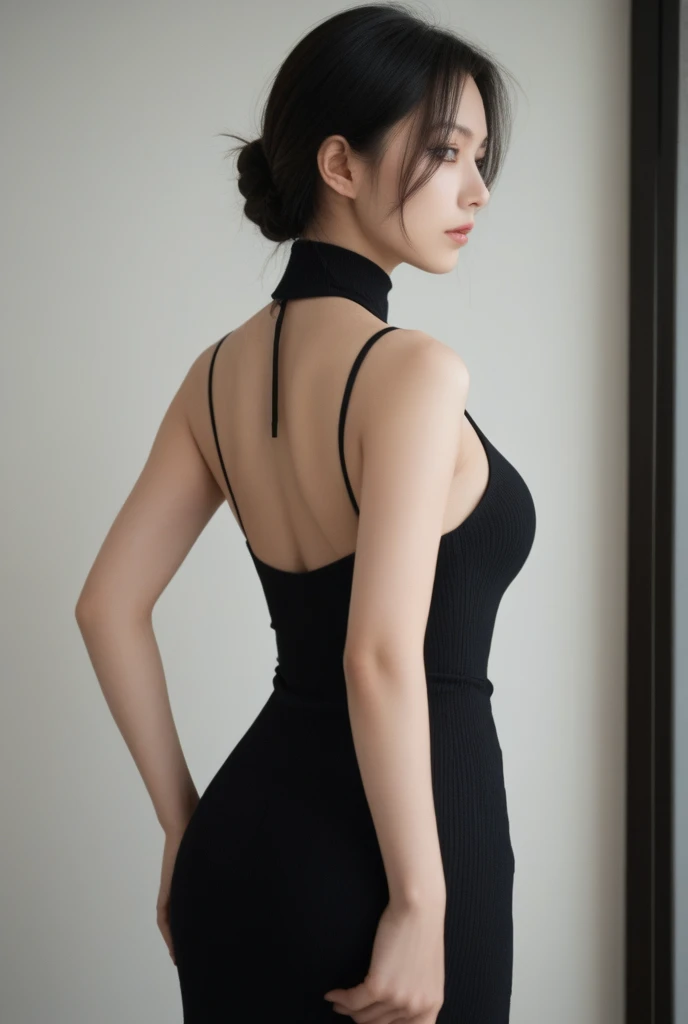 Inside small room, girl, teen, long, black hair, blue sexy dress, shoulders, body line, short skirt, back view, black thong,