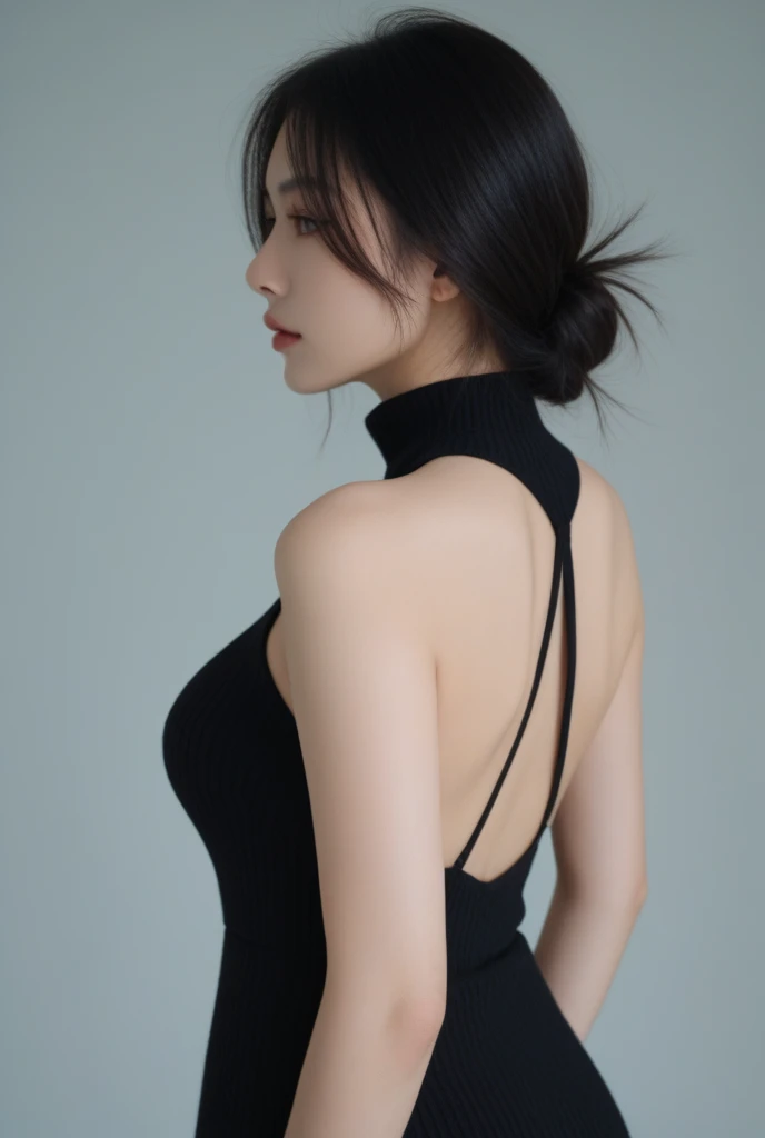 ((best quality)), photorealistic, photorealism, Photorealistic, high resolution, 1girl aiming with an assault rifle, Beautiful, Baby Face, 20 Years Old, White Skin, pale skin, Large Breasts, huge breast, Combat pose, looking at the camera, (Detailed face), short hair, sexy body, (wearing black lace suit, high-tech headset), cloths color based on black), revealed thigh, showed her back, Fingers are occluded, concrete wall background,