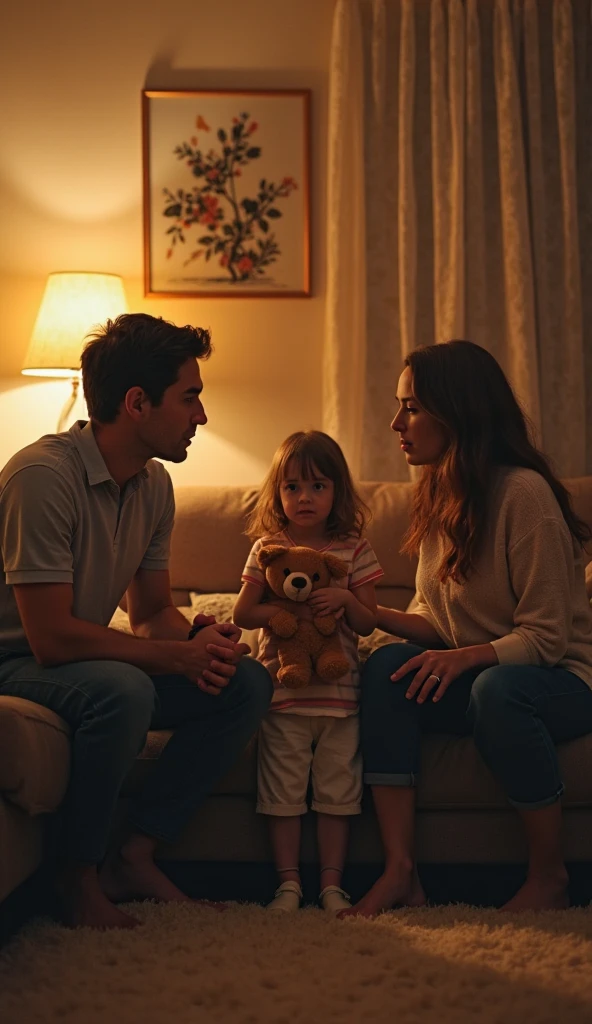 A sad, worried girl with beautiful brown hair, beautiful detailed eyes, beautiful detailed lips, extremely detailed face, longeyelashes, wearing a hospital gown, lying in a hospital bed, worried parents standing by her bedside, warm lighting, emotional, realistic, photorealistic, photo-realistic, best quality, 8k, ultra-detailed, masterpiece, vivid colors, studio lighting, physically-based rendering, extreme detail description, professional