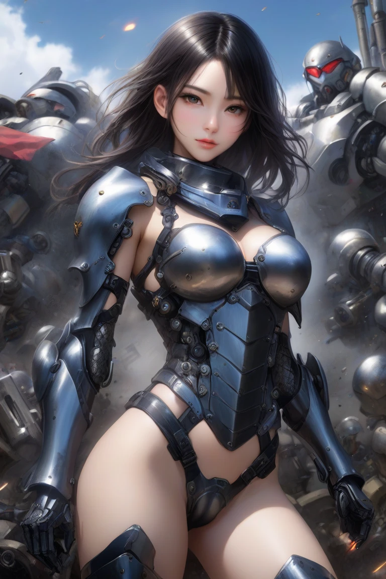 Exquisite masterpiece, (ultra-quality: 1.32), (The ultra -The high-definition: 1.4), (超A high resolution: 1.3), (CG Unity 8K wallpaper: 1.2), (Detailed eyes and skin: 1.35), (detailed facial features: 1.25), (Detailed eyes: 1.36), precise and perfect human body structure, (Textured skin: 1.26), (Raw photos that won many awards: 1.27), depth of fields,
((Ponytail: 1.47)), Brown hair, (Blue eyes: 1.28)), thick bangs, Blue Ribbon, Show white teeth and smile, cleavage of the breast, large bountiful breasts, Attractive thighs, abdominals, Shiny skin, juicy thighs, Beautiful legs,
((Western Female Knight:1.4)), Full body armor、Multiple males attacking, combat scene, Battlefield, Get on your knees、