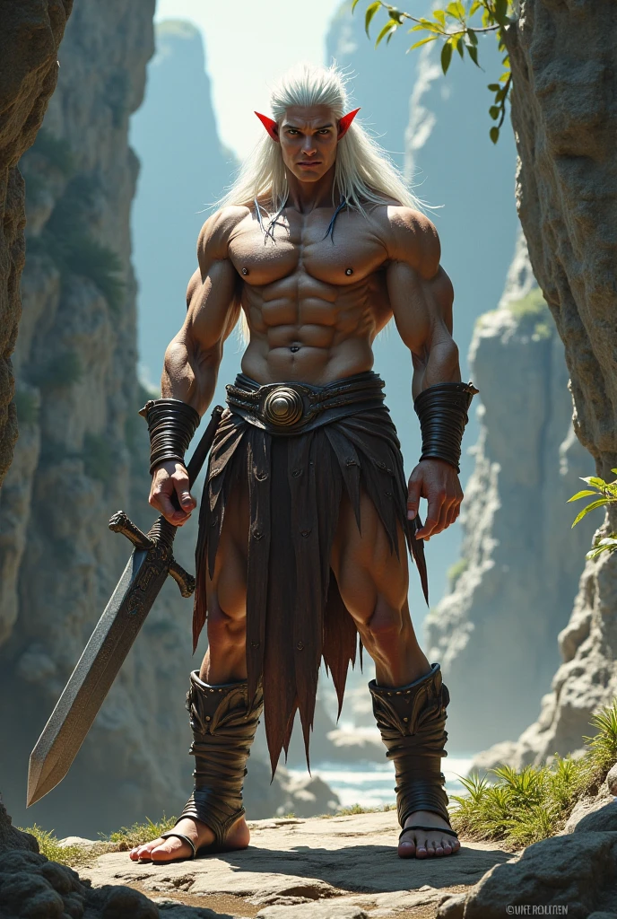 Elf, man, white shoulder length hair, muskeln, warrior, young man