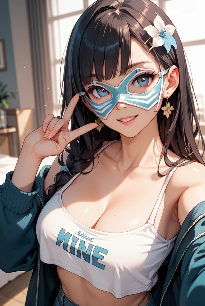 masterpiece, best quality, 1girl, black hair, floating hair,  messy hair, long hair, high ponytail, blunt bangs, bangs, glasses, adjusting eyewear,