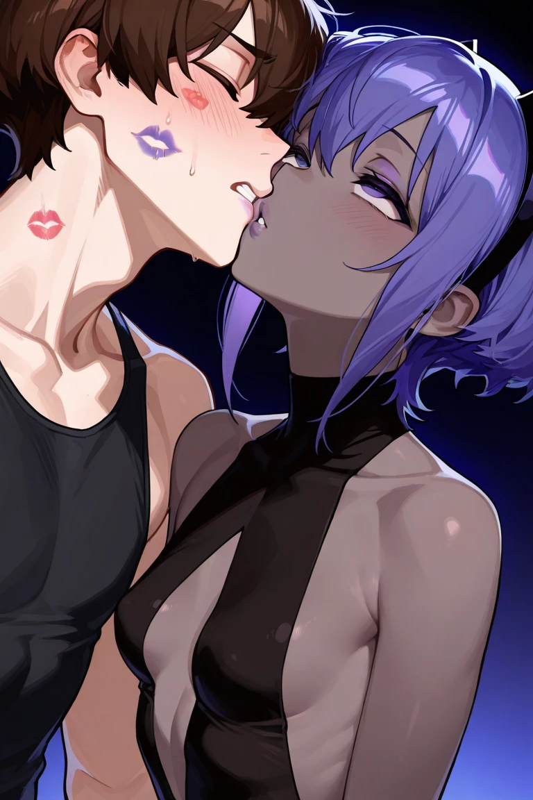 rating_explicit, beautyfull slender woman, tall woman, lilac details, sidecut big lilac hair, long hair, red lipstick, punk woman, adult woman, milf, small breasts, doggystyle sex
