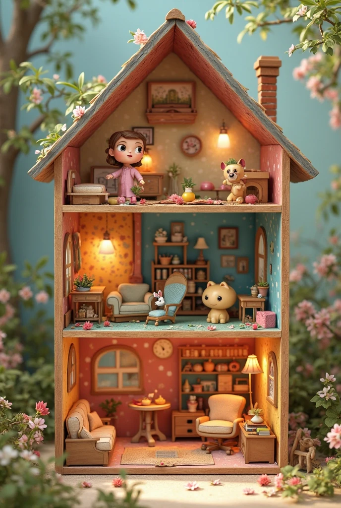 Create a little girl holding chocolate and candy , There is a portal behind her , Standing in his bedroom and in the foreground , Realistis