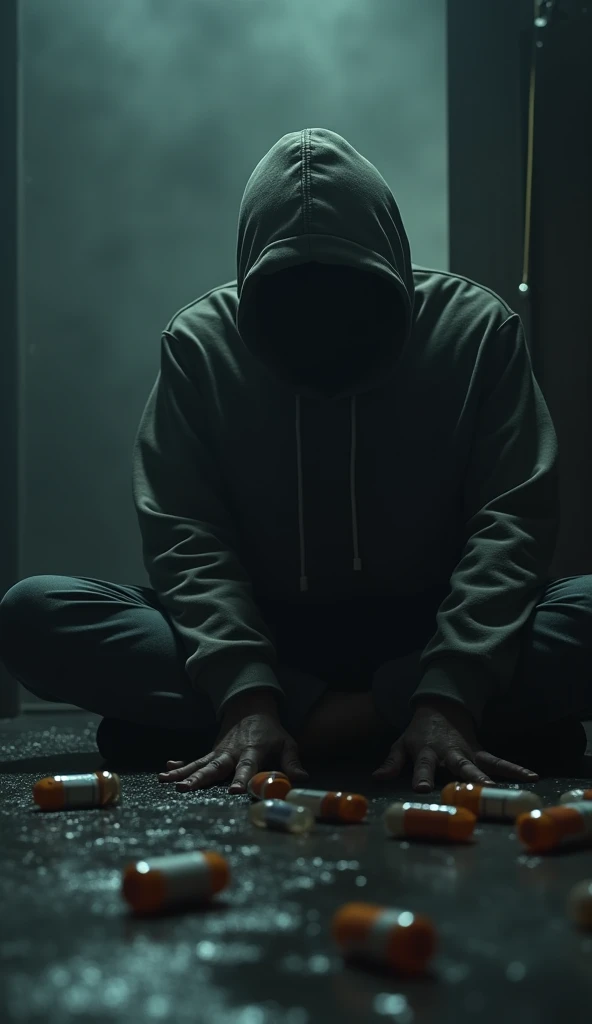 Homme déprimé en sweat à capuche noir, Personne assise sur le bord de la route la nuit, Pense, avec leur visage invisible, Il y a une dominante bleue sur la photo, smoking