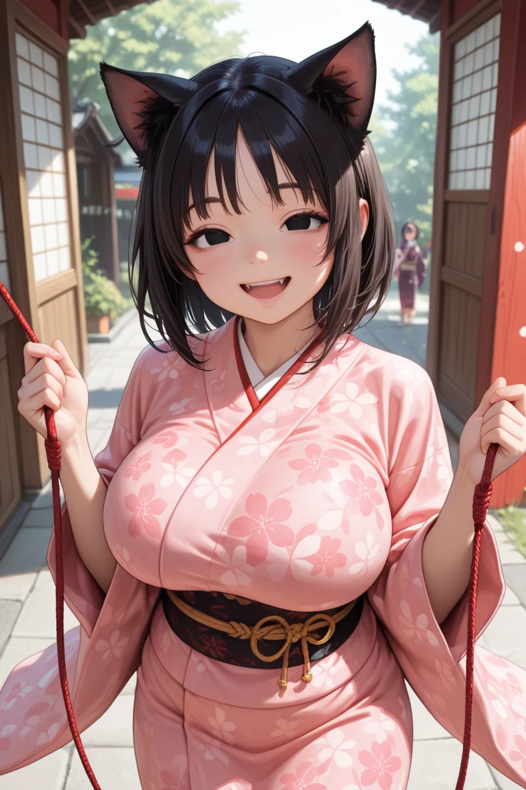(Fox Girl, Fox Ears, Black colored hair, Fox Makeup, One Girl, Long Hair:1.6), (kimono, Kimono with open chest, A beautiful kimono with red and black patterns, I can see her cleavage, Open chest, Exposed skin:1.8), (Body size is 100-70-90!, Nice body, Big Breasts, Soft breasts, Emphasize cleavage, Knees are slightly visible, Muscular, Abdominal muscles, Grab your own chest:1.9), Avatar, face, lewd face, Dominant representation, naughty face, Uplifting, Skin Texture, outside, Grassy field