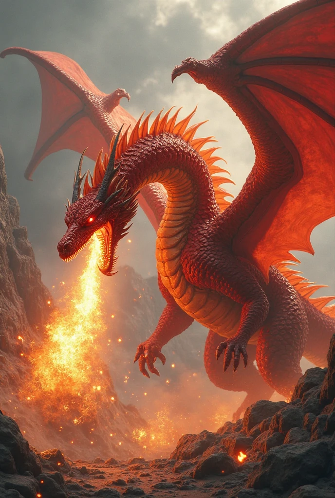 Giant red dragon, spits fire from his mouth and flies in the air