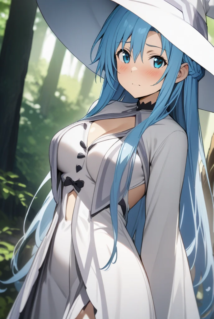 (A woman is walking, Windでスカートがめくれている, White panties:1:3), Beautiful Anime Woman, Beautiful art style, Anime characters, ((Smooth texture, Realistic texture, Anime CG Style)), ((Highest quality)), (Very detailed), (Very detailed CG 統合 8k 壁紙), Very detailed, High-resolution RAW color photos, Professional photography, masterpiece, Highest quality, Beautiful and big breasts, Slender body, (Stunningly beautiful woman), (Detailed face:1.2), (Blue Hair, White Dress, Red eyes, Yellow Circlet, Cleavage, Blue Cape), Outdoor, nature, Wind, Perfect lighting, Perfect Shadow, Exact number of arms, Exact number of legs, Perfect Anatomy, Exact finger count、Exact number of legs、(Exact number of arms:1.0, Exact number of hands:1.0), (Perfect hands, Perfect Anatomy), (Embarrassed expression), Angle from the front