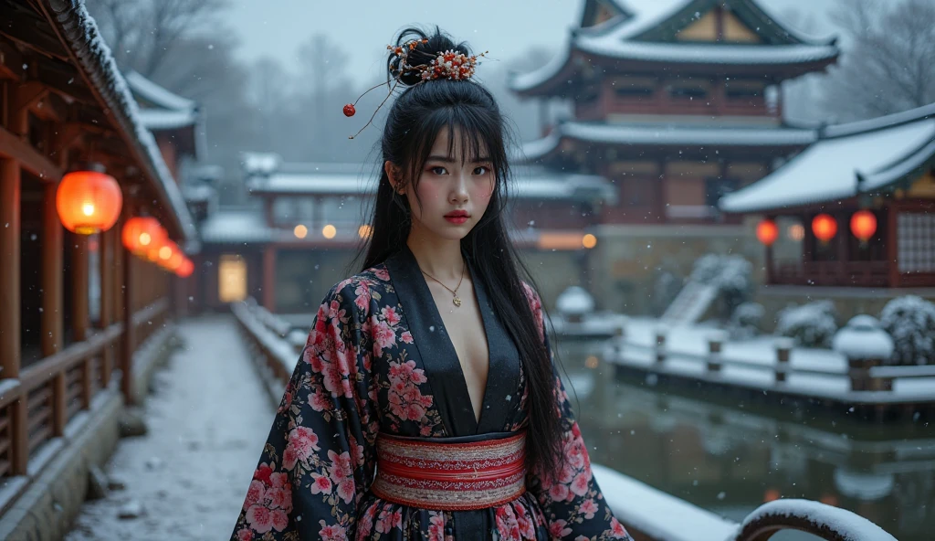 Asian beautiful woman, long black hair below the waist, scarlet red lips, black eyes and snow white skin, dressed in a blue kimono
