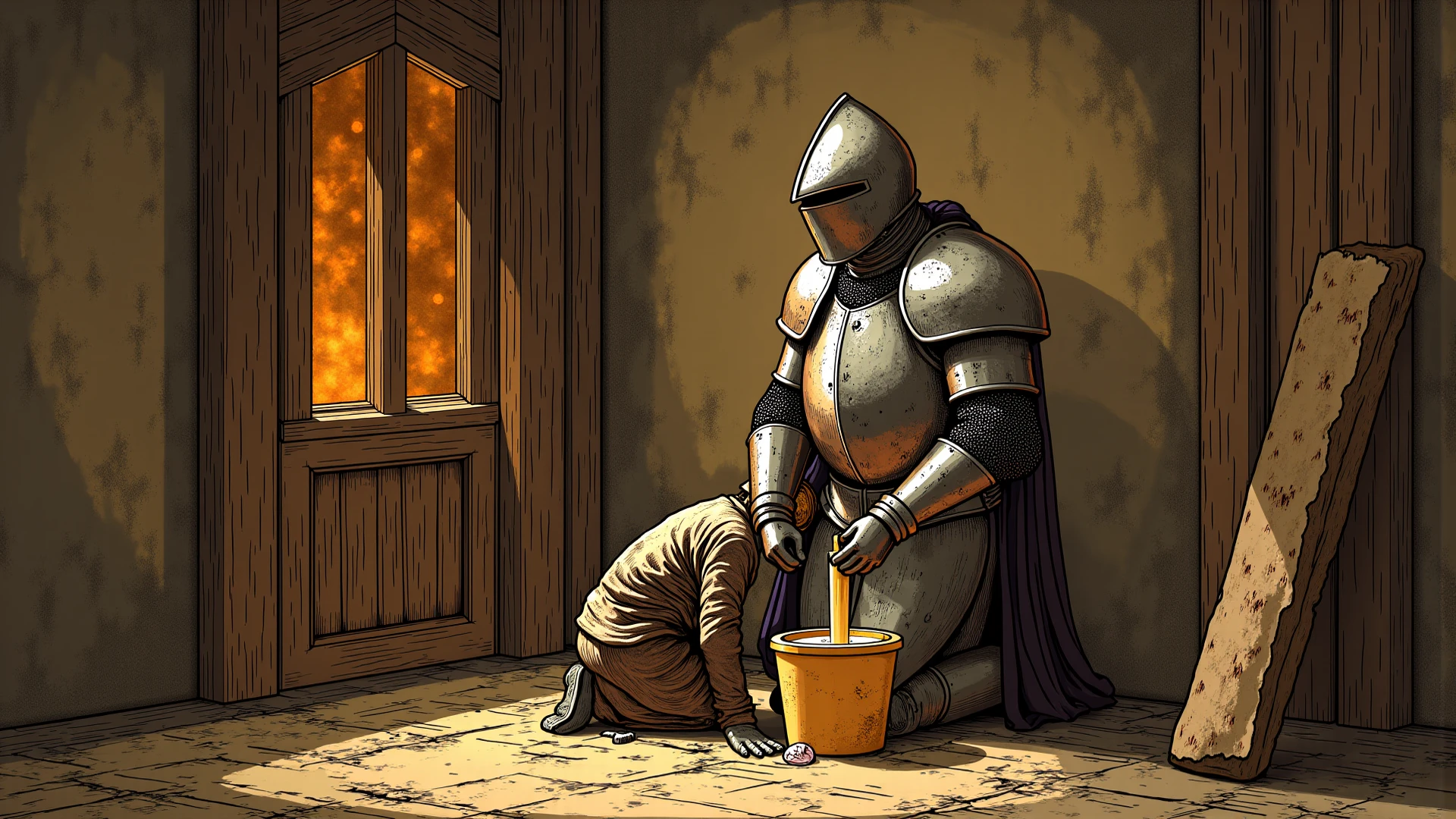 best quality, masterpiece, stocky man with short blond hair, looks like laios touden, dungeon meshi, wearing metal plate armor, masturbating, cumshot, projectile cum, bukakke, facial, open mouth gasping for air, blushing, on dirty dungeon floor, sexy, gay, homoerotic, extremely dramatic shadows, romantic atmosphere, perfection, no watermark, no logo,