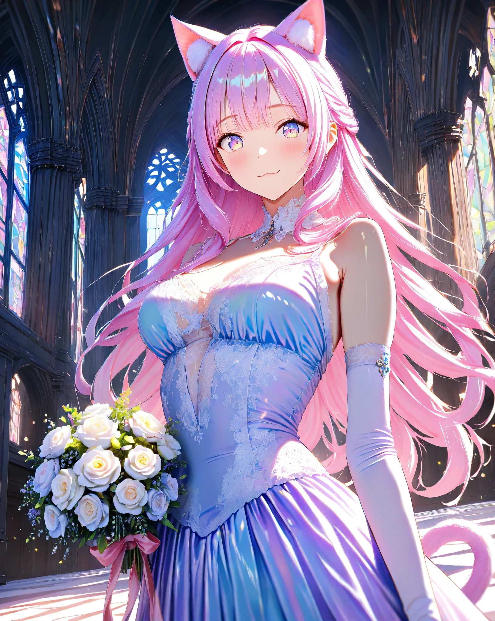 (masterpiece), best quality, expressive eyes, perfect face,
petals, dress, veil, multiple girls, wedding dress, 1girls, flower, bridal veil, looking at viewer, bouquet, curtains, window, smile, hair between eyes, red hair, white dress, breasts, blue eyes, rose petals, indoors, bare shoulders, white gloves, church, gloves, bangs, long hair, blush, white flower, medium breasts, falling petals, lily \(flower\), grey eyes, jewelry, rose, bride, earrings, closed mouth, --auto