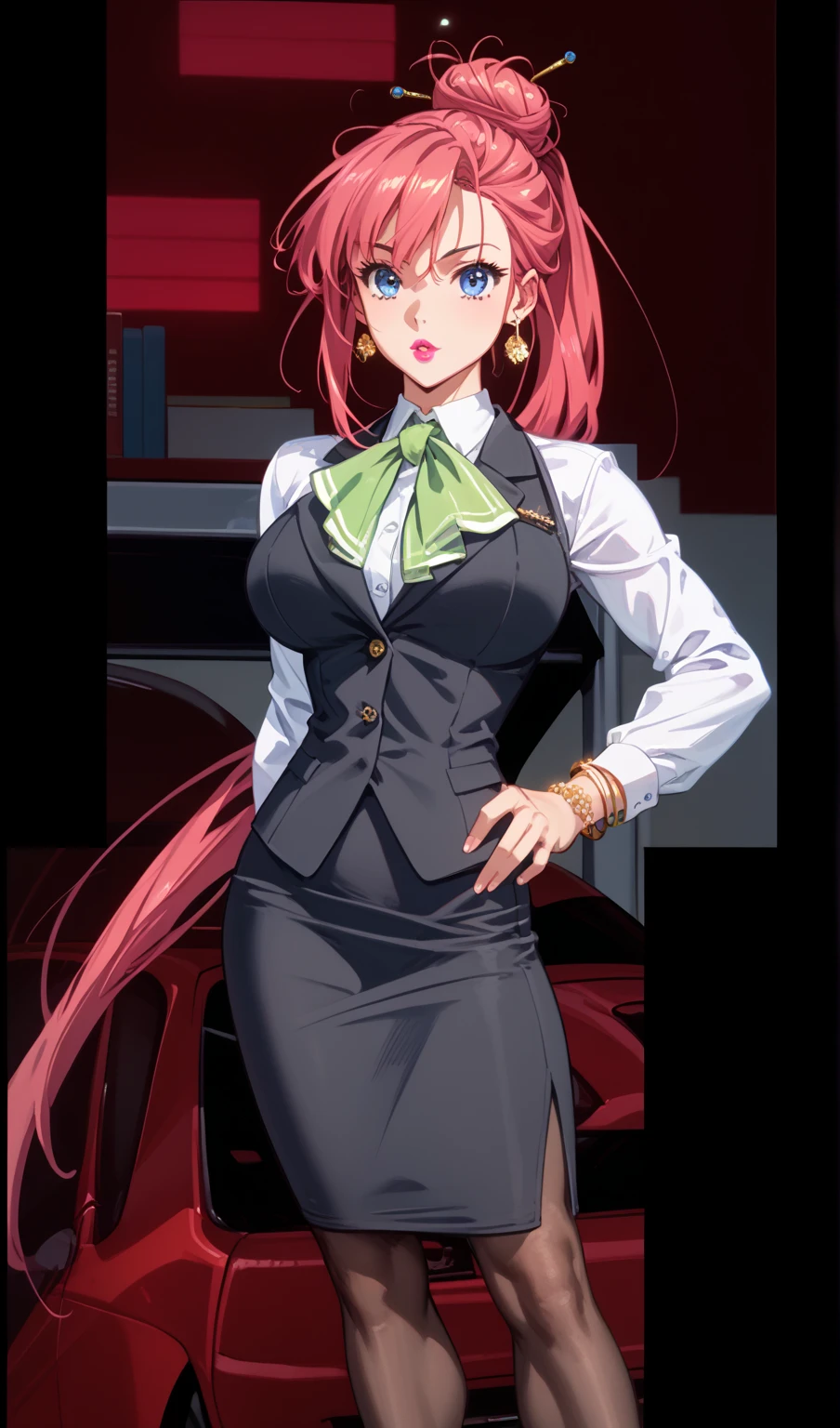 score_9, score_8_up, score_7_up, BREAK chih,long hair,brown eyes,drill hair,green hair,twin drills,red jacket,long sleeves,yellow shirt,black ribbon,white skirt,pencil skirt,<lora:sakumaorig:1>