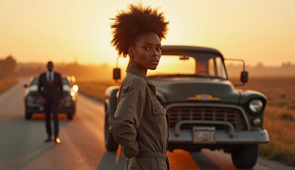 A young pretty black girl asking the truck driver for a ride.