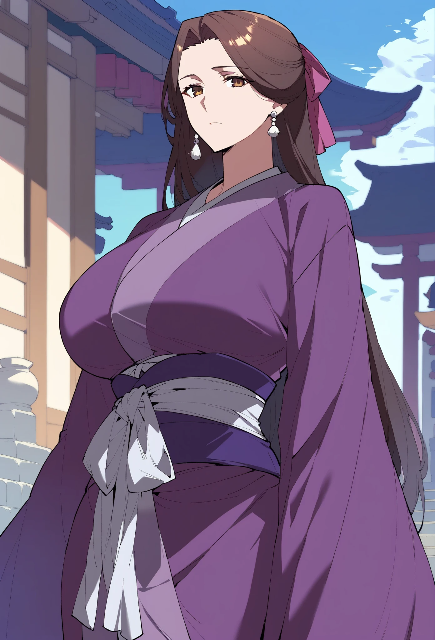 ((highres)), Masterpiece, high quality, best quality, beautiful, perfect lighting, detailed face, ultra cute face, Raiden shogun, looking at viewer, ((blush)), seductive smile, large breasts, wide hips, thick thighs, Komoto, robe, arms behind back sakura tree, Japanese temple,