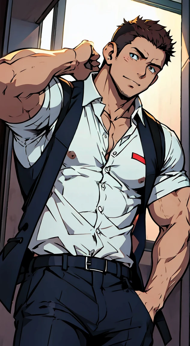 Anime style 4K,Anime rendering,style of anime,China Campus,Lumberjack,ember,16 yaers old,adolable,petty eyes,thick eyebrow,with short black hair,Fat body,Bare topless,Pink milk clusters,Wear dark blue suspenders,In the lumberyard,is shy,Be red in the face,soio,full bodyesbian,Clear face,White background,Drawing illustration style