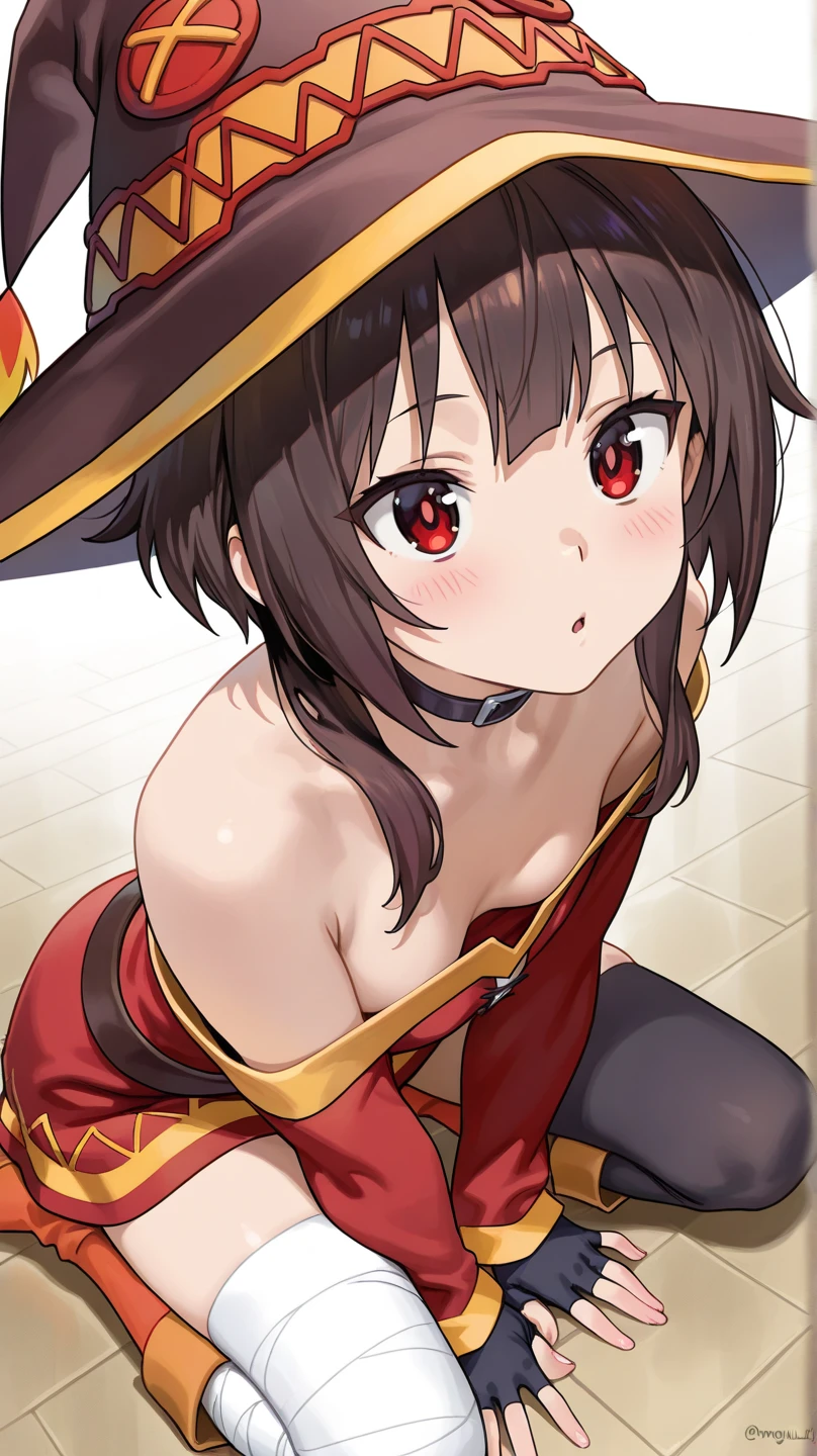 absurdres, (masterpiece:1.5), (best quality:1.5), (ultra detailed:1.5), extremely detailed,(super high resolution:1.5),(Top Quality photorealistic Illustration), (Super Definition),(cute illustration:1.3), (high Saturation:1.2), highres, ultra-detailed, 32k,8k resolution, intricate details, cinematic scene, detailed background, detailed background, super high precision, hiquality, top-quality, dynamic angle, close to viewer,breast focus,looking at viewer,in the beautiful grassland, upper body,
BREAK
1girl,Megumin, shiny skin, glistening skin,((shiny skin)), ((pale white skin)),(ultra detailed face:1.5),(red eyes),short hair,brown hair,choker,collarbone,short hair with long locks,sidelocks,belt, black gloves,black legwear, cape, collar, fingerless gloves, gloves, (red dress:1.3), single thighhigh, (witch hat:1.5),(round face:1.3), (baby face:1.3), (kawaii), (cute), (loli face), (slim body), (narrow waist, narrow thighs), (narrow stomach), high resolution eyes, beautiful eyes, light in the eyes, fine-grained skin, (red cheeks:1.3), smile, open mouth,
BREAK
(show off nipples:1.5),beautiful small breasts, (small nipples:1.5), (small areolas:1.5), (open dress:1.5),