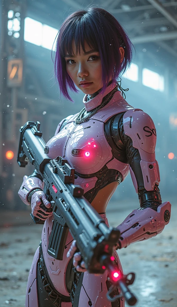 a portrait photography of a 32yo woman in neon purple short hair, (having bionic arms:1.5) from cyberpunk 2077 game, standing on top of building, rugged looking, (looking at viewer:1.5), action pose, (wearing cyberpunk style blue led suit:1.5), perfect eyes, perfect iris, identical eyes, identical iris, face to body proportion, golden ratio, symmetrical eyes, symmetrical iris, balanced eyes, sharp eyes, realistic eyes, <lora:add_detail:.6>, perfect fingers,