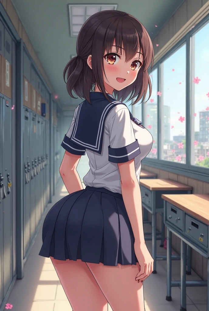 ((Tabletop, Highest quality, High resolution,, Pixel Perfect, 4K, ))), One Girl, , beauty、The whole body is visible、 ((Mid-wave hair, bangs, Brown Hair)), ((Brown eyes, Beautiful eyelashes, Realistic eyes)), ((Detailed face, Blushing:1.2)), ((Smooth texture:0.75, Realistic texture:0.65, Realistic:1.1, Anime CG Style)), Medium sized breasts, Dynamic Angle, Perfect body, ((Tennis Wear, , , White shirt, Long pleated skirt)), School locker room、Stand in front of the locker、Very embarrassing panic smile, 、、Stick your butt out、Leaning forward、(、She is taking off her pink panties、Flip up your skirt with both hands、、)、Angle from below