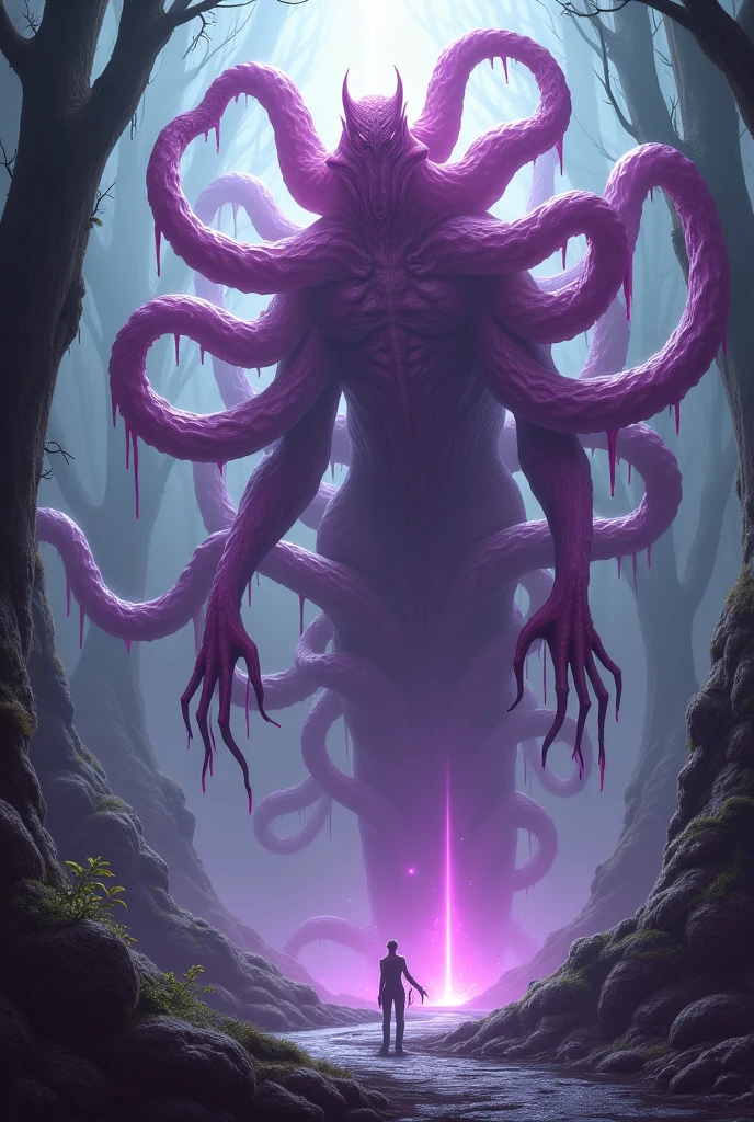 A humanoid eldritch creature, highly detailed, intricate tentacles, glowing eyes, otherworldly features, dark fantasy, moody lighting, cinematic composition, chiaroscuro lighting, deep colors, mysterious atmosphere, digital art, concept art style