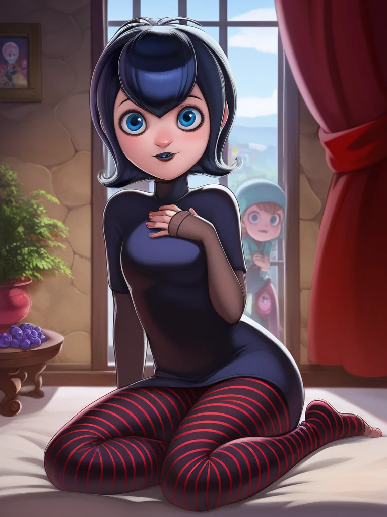 Alice Madness Returns, Black Hair, Green Eyes, big eyes, small ass, small thigts, smal breasts, black dress, white and black pants