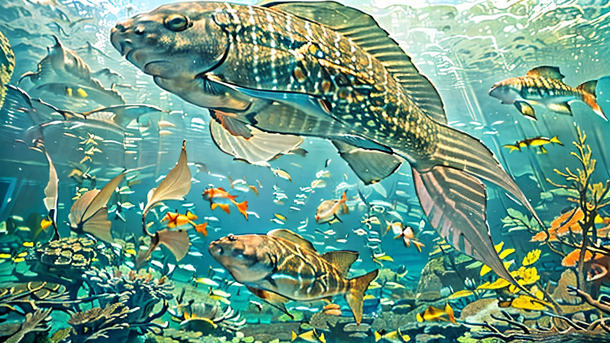 huge, Dim Illuminated, futuristic aquarium, While the light dances in the water ,(detailed expression:1.5), (私はhuge水槽の中で泳ぐ多くの魅力的な群れの魚を見ている:1.5) . soft blue surface , (Majestic rays , hugeマンボウ, and、large colorful tropical fish are swimming in the tank:1.5),(shrimp, Crab, Starfish, anemones, and海ウニが水槽の底を這っている:1.5), (大量の熱帯魚がhuge多層水槽の中で密集して泳いでいる:1.5),watching the gentle beauty of the water、creates a calm atmosphere , world . Background 、towering fish tank full of coral reefs and seaweed, a group of bright tropical fish.future super giant fish tank,(colorful creatures I've never seen before are swimming:1.5),Super giant aquarium,(100m fish tank enough to look up:1.5),(back of a girl looking up at the tank:1.5),(colorful fish and creatures:1.5),