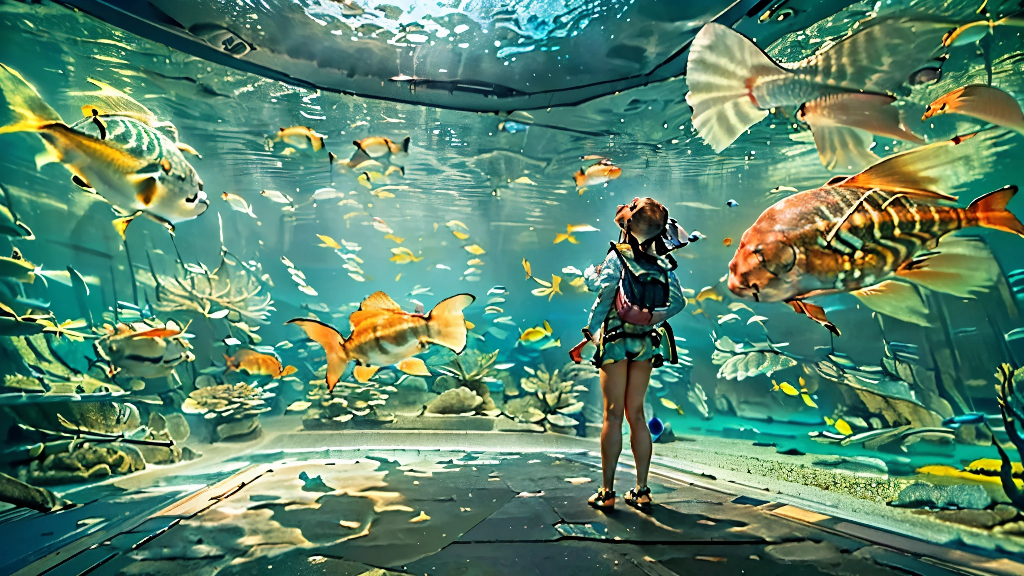 huge, Dim Illuminated, futuristic aquarium, While the light dances in the water ,(detailed expression:1.5), (私はhuge水槽の中で泳ぐ多くの魅力的な群れの魚を見ている:1.5) . soft blue surface , (Majestic rays , hugeマンボウ, and、large colorful tropical fish are swimming in the tank:1.5),(shrimp, Crab, Starfish, anemones, and海ウニが水槽の底を這っている:1.5), (大量の熱帯魚がhuge多層水槽の中で密集して泳いでいる:1.5),watching the gentle beauty of the water、creates a calm atmosphere , world . Background 、towering fish tank full of coral reefs and seaweed, a group of bright tropical fish.future super giant fish tank,(colorful creatures I've never seen before are swimming:1.5),Super giant aquarium,(100m fish tank enough to look up:1.5),(back of a girl looking up at the tank:1.5),(colorful fish and creatures:1.5),(ultra high definition:1.5).
