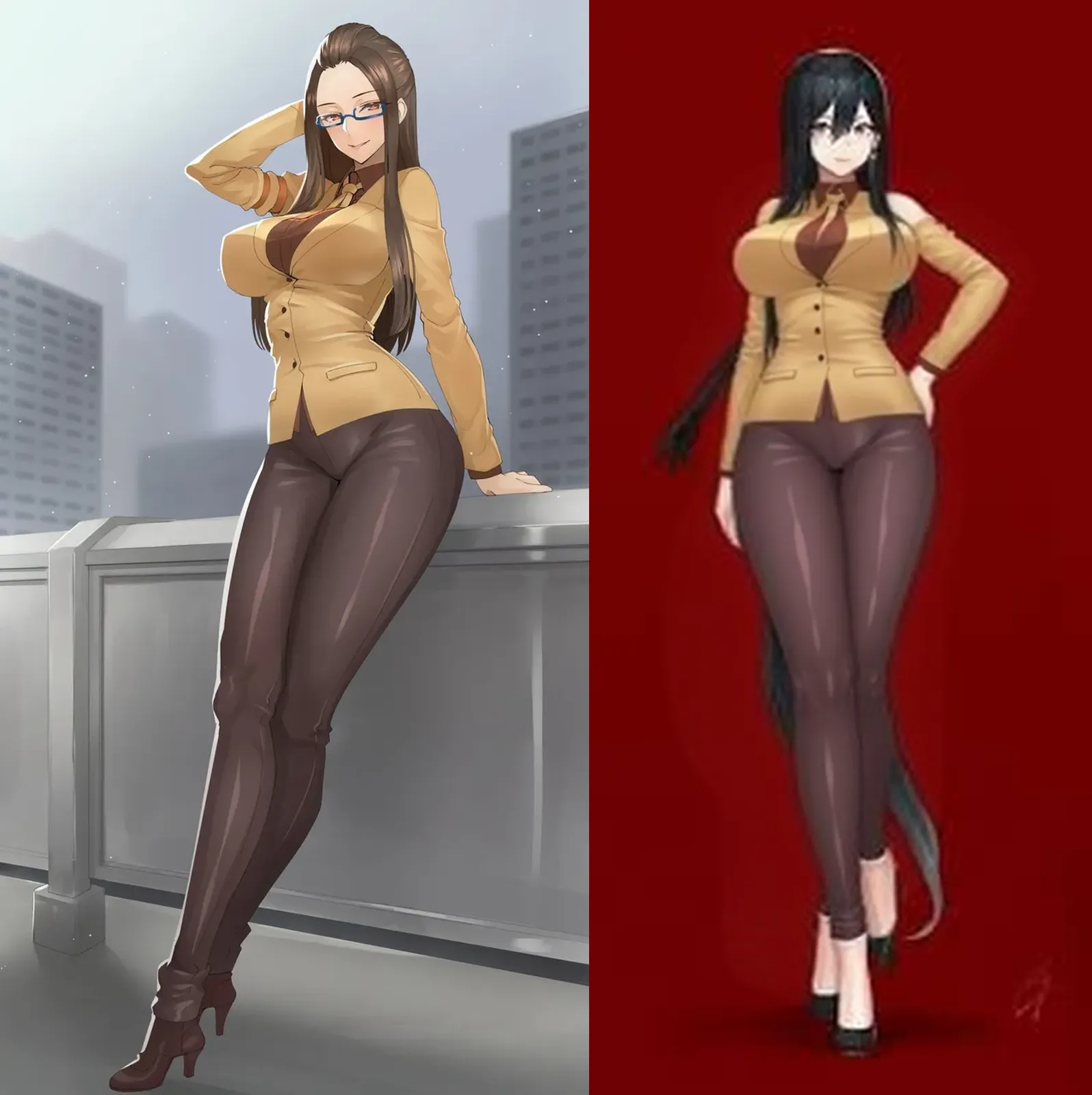a woman wearing a black suit, burgundy tie, white t-shirt inside the suit, short black skirt, brown tights, black heels, long burgundy hair, burgundy eyes, on a high point of a rocky mountain, overlooking the a city, serious face, big breasts, full body,bloom,, HDR, ultra resolution, sharp, masterpiece, 8K HD