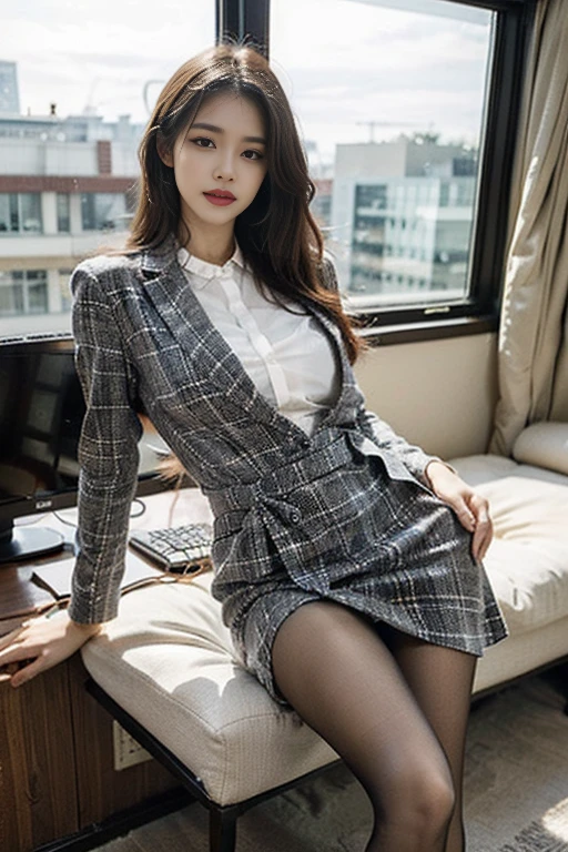 1 girl sitting on an office chair，,(European model:1.3),31 years old,Beautifully,business women&#39;clothing,(jacket:1.1),(shirt:1.1),(wrap skirt:1.1),jewelry,knitwear,,black stockings，Goosebumps,Goose，（holiness：1.3），filigree，quality，（masterpiece：1.2），（holiness：1.2），（best quality），（Skin details：1.3），（intricate details），drama，Ray tracing，photo，bathed in light and shadow，visual novel，Skyscraper boss office，Windows offer city views，film grain，depth of field