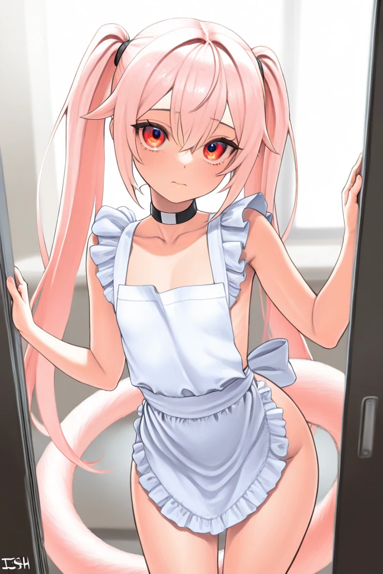 Light pink hair inner color Long twin tails Shiny Hair Looking at the audience Naked Apron chest 18-year-old Knee-high socks sight bangs beauty Show your hand sight Taunt side One person Place your hands behind your back kitchen Cooking from below