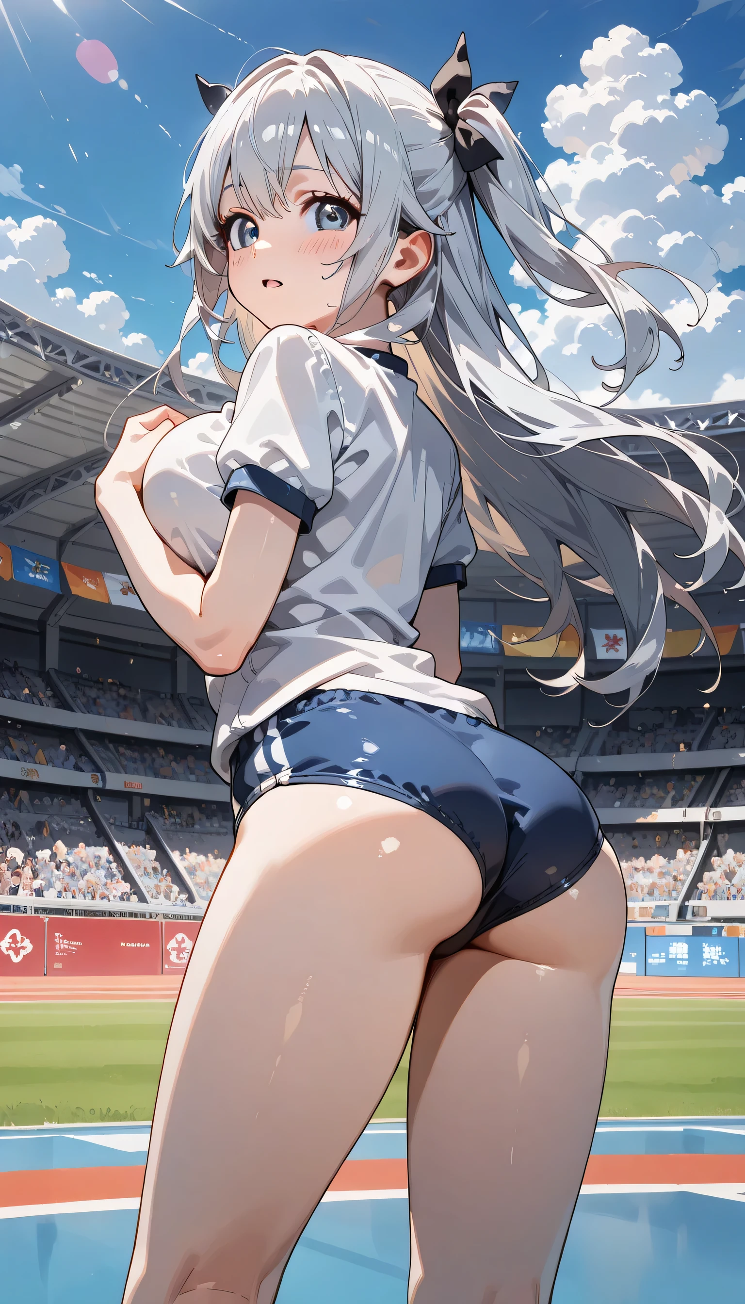 muste piece、masterpiece、highest quality、Super detailed、High resolution、8K portrait、High definition CG of Unity 8k wallpaper、cute type little:1.5、Lori:1.5、Highly detailed CG unity 8k wallpaper、Realistic、real person、 portrait photography、shiny skin、High definition、(:1.2)、(1 girl)、beautiful clear eyes、extremely detailed description、delicate face、nice lips、slender body、medium breasts 同 thin waist、thin legs、(Atlantic stadium track:1.6)、1 girl, cute type, perfect face, seriously, (blush:1.5),(silver hair long hair:1.3),medium breasts 同,((short sleeve gym clothes:1.2)),(((clothes lift:1.5))),(I have nipples:1.5),((climax in vagina:1.6)),gran,(hand behind breast:1.2)
