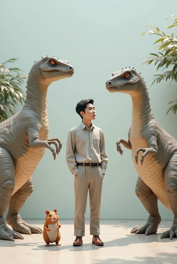 a knitted chinese guy in a museum next to a dinosaur skeleton fossil