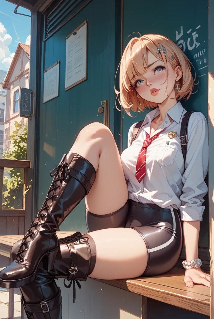 blonde short hair、Wearing glasses、A short black jacket、In a red checked mini skirt、Wearing boots、Squatting in the room