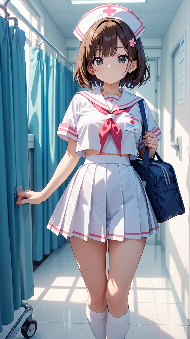 full body,1The girls、shirts、pleatedskirt、17 years old、Bob Hair Style、a smile、delightful!、japanes、enmaided、Chromo-white skin、Beautiful eyes、(small tits)、in the school classroom、Wearing white tennis wear、Movie Lighting、