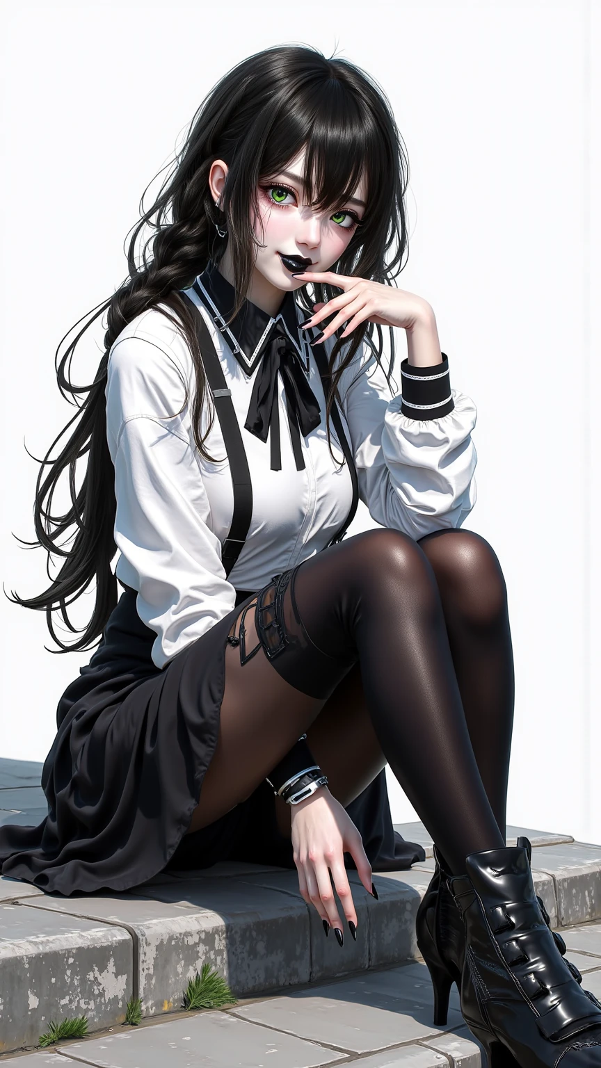 RAW, masterpiece, best quality, extremely detailed, 8k, HDR, photorealistic, intricate, (A skinny Korean girl), (black straight hair), (extremely-slim body), (narrow and small hips:1.3), (extremely-white pale-porcelain skin), smile, standing, outdoors, wearing a (short sleeves shirt fully opened revealing bra), and (extremely-short black microskirt:1.4), (close-up picture)