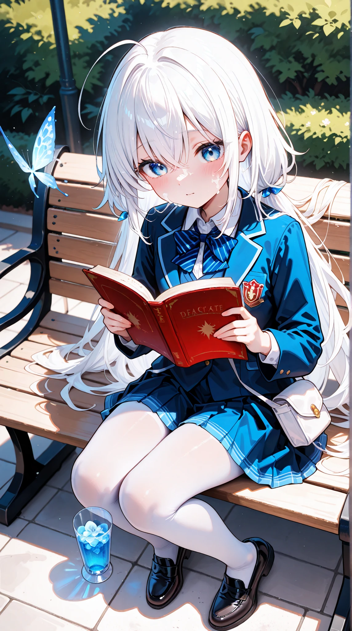 4K,best quality,Anime Girl,cute,Facial paralysis,Eyes half closed,Extremely detailed,long white hair,Raise a strand of hair at the top of your head,blue glass textured eyes,white tights,Western magic style,The college uniform ,white pouch,Small leather shoes,Delicate fabric emphasizes,clear facial features,outdoor,Reading a book on a roadside bench,shady trees