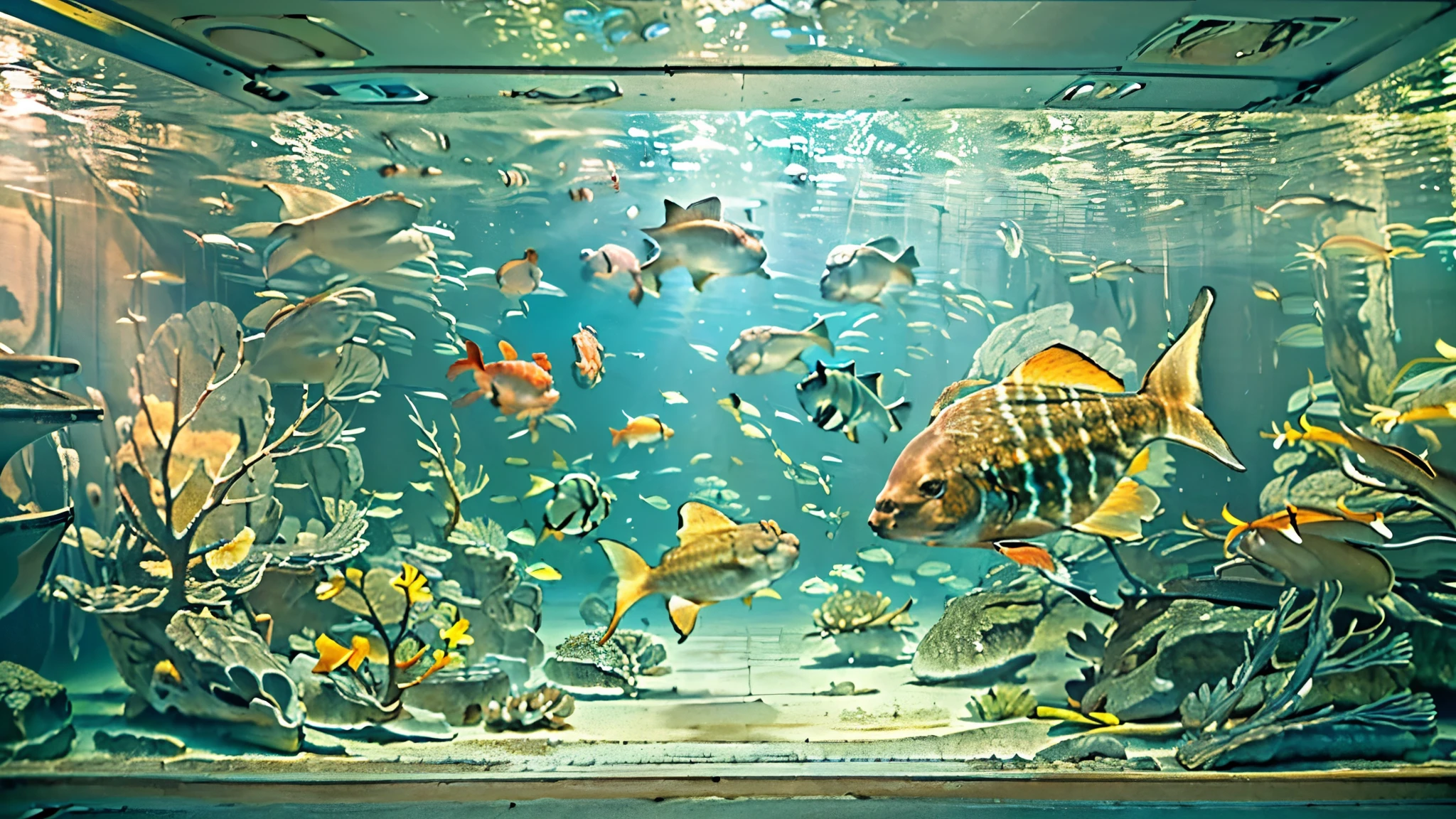 huge, Dim Illuminated, futuristic aquarium, While the light dances in the water ,(detailed expression:1.5), (私はhuge水槽の中で泳ぐ多くの魅力的な群れの魚を見ている:1.5) . soft blue surface , (Majestic rays , hugeマンボウ, and、large colorful tropical fish are swimming in the tank:1.5),(shrimp, Crab, Starfish, anemones, and海ウニが水槽の底を這っている:1.5), (大量の熱帯魚がhuge多層水槽の中で密集して泳いでいる:1.5),watching the gentle beauty of the water、creates a calm atmosphere , world . Background 、towering fish tank full of coral reefs and seaweed, a group of bright tropical fish.future super giant fish tank,(colorful creatures I've never seen before are swimming:1.5),Super giant aquarium,(100m fish tank enough to look up:1.5),(back of a girl looking up at the tank:1.5),(colorful fish and creatures:1.5),(ultra high definition:1.5),