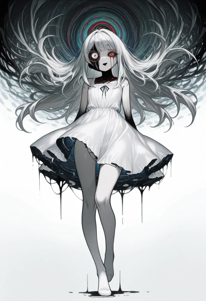 1girl,small,solo focus,,glowing magenta eyes,colored sclera,white hair, long hair,(((pale skin,extremy white skin,hair over one eye))),, sharp teeth, open mouth,(((medium ,glossy thighs,)))sexy,((white lingerie)),floating,night,grassfiels background,(((villain,psycho,villain smile, psychopath,))),hd,masterpiece,4k,halo pink,full body,no shoes