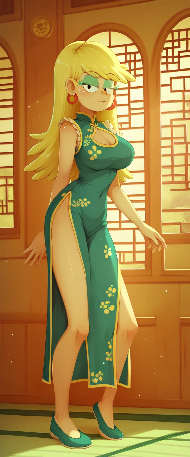 Anime Kawaii sexy Perfect Slim sensual body large breast and huge thighs, An intricate and highly detailed illustration of anime (Young girl). a young woman, beautiful, long straight hair with ponytail, blond hair, emerald green eyes, White skin, Detailed face, curvilinear body, small breasts, wide hips and thick thighs, green chinese dress with yellow patterns, tight, neckline, erotic.